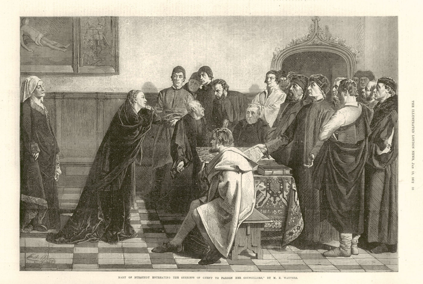 Mary of Burgundy asking Ghent Sheriffs to pardon councillors, by ME Wauters 1872